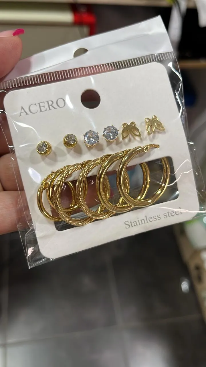 set x 6 pares de aros acero dorado